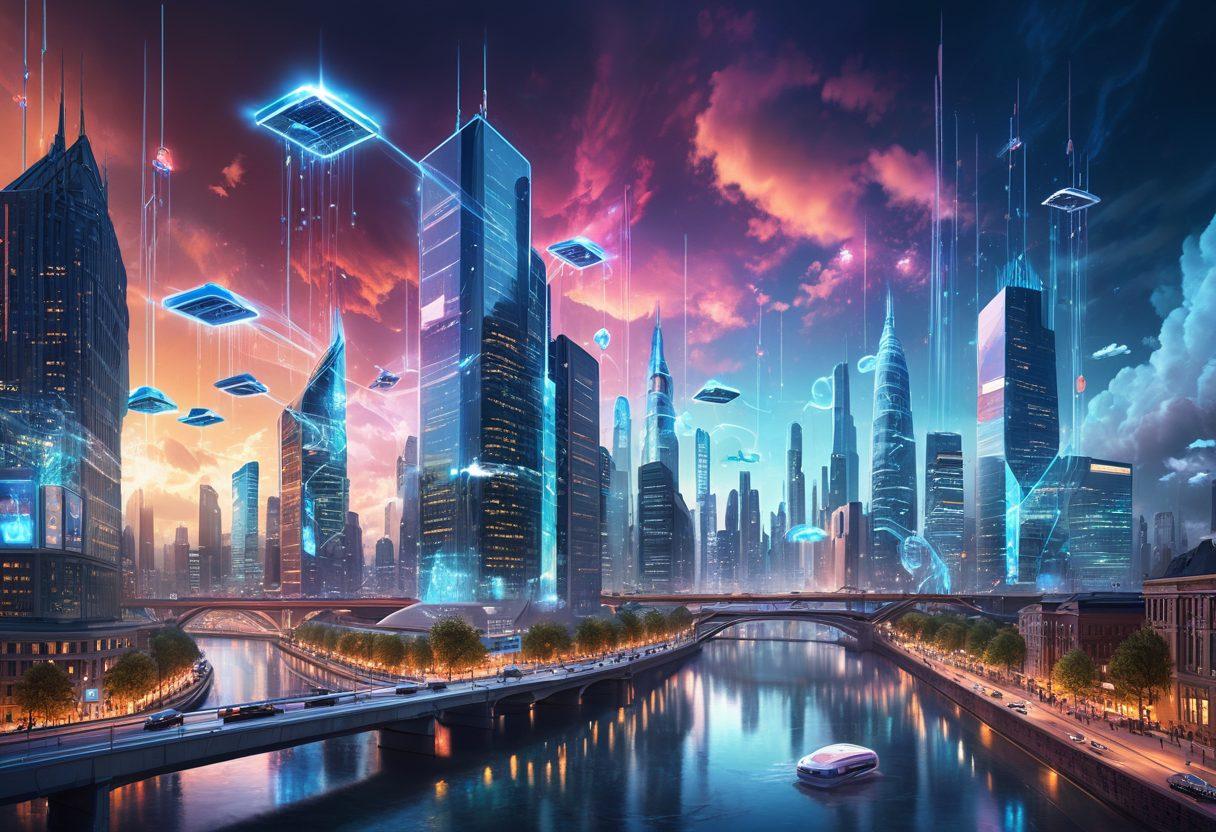 A futuristic cityscape with high-speed data streams flowing through the air and into cloud servers positioned in the sky. Hyper-connected buildings with holographic displays show download icons and web pages being accessed instantly. People using transparent digital devices in a vibrant, wireless environment. super-realistic. vibrant colors. 3D.