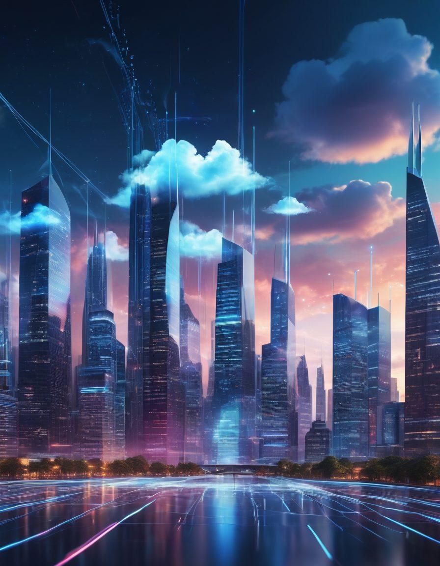 A futuristic cityscape with dynamic wireless networks interconnecting towering buildings, symbolized by glowing lines of data and cloud icons hovering above. The image should showcase seamless data transfer between devices, represented by transparent data streams. Background features a blend of skyline and cloud-filled sky, emphasizing the integration of cloud services. vibrant colors. 3D. futuristic style.