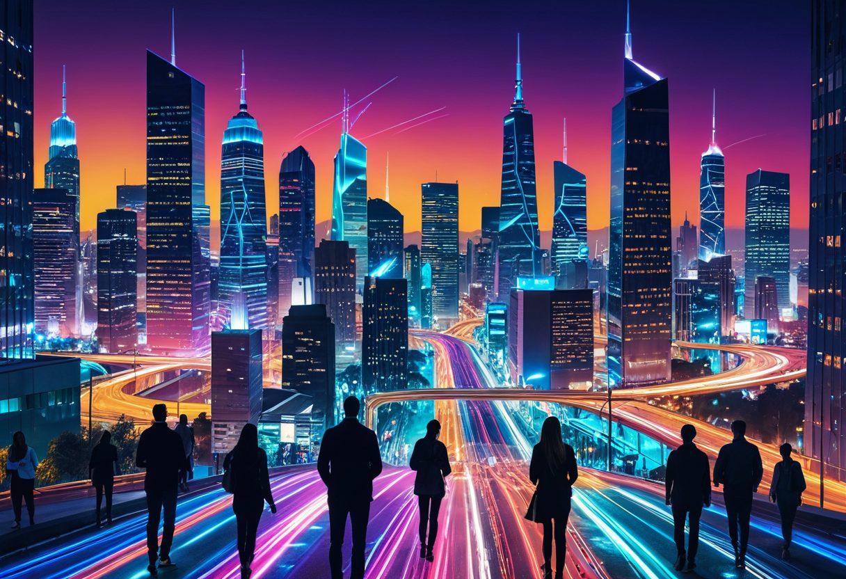 A futuristic cityscape with people seamlessly downloading content on various devices, from smartphones to tablets, connected to high-speed broadband networks. Fiber-optic lines and 5G towers punctuate the skyline. A dynamic, interconnected digital web is visible, symbolizing the unity between mobile and broadband internet. colorful, futuristic aesthetic.
